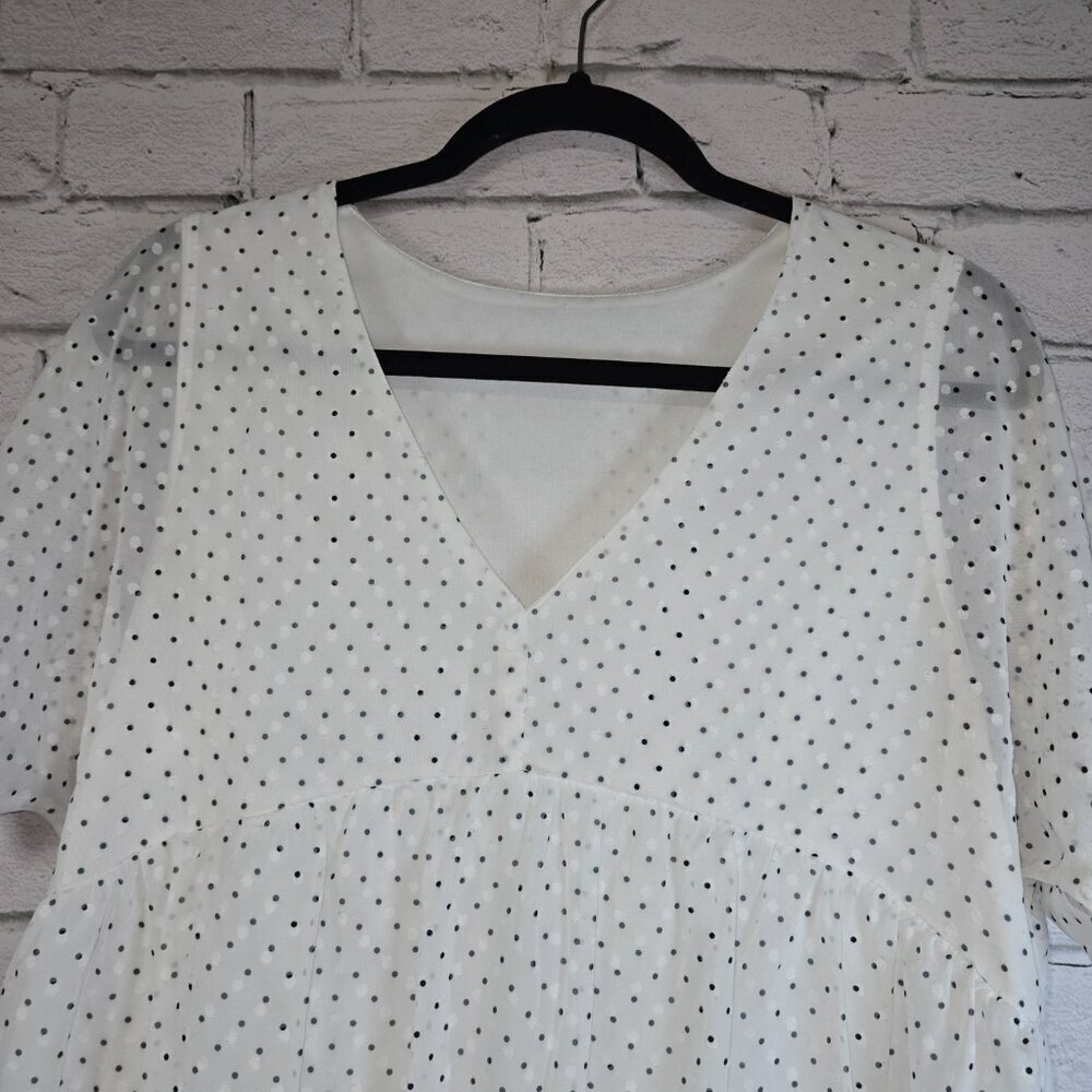 WHITE SHEER DRESS BLACK EMBOSSED POLKA DOT SHEER SLEEVE LINED SIZE S OVERSIZED - Picture 7 of 7